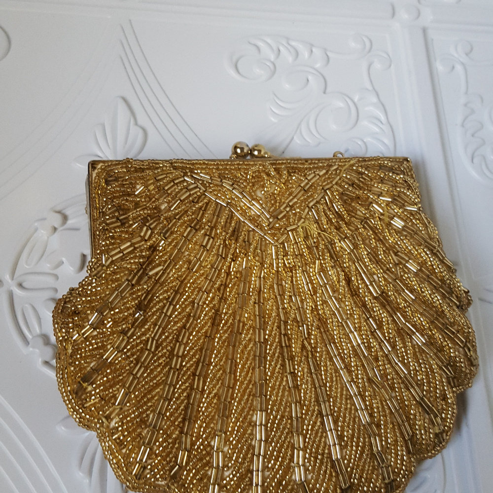 Clutch Bag Antique Gold Beaded Glass Beads Shoulde - Picture 2 of 6